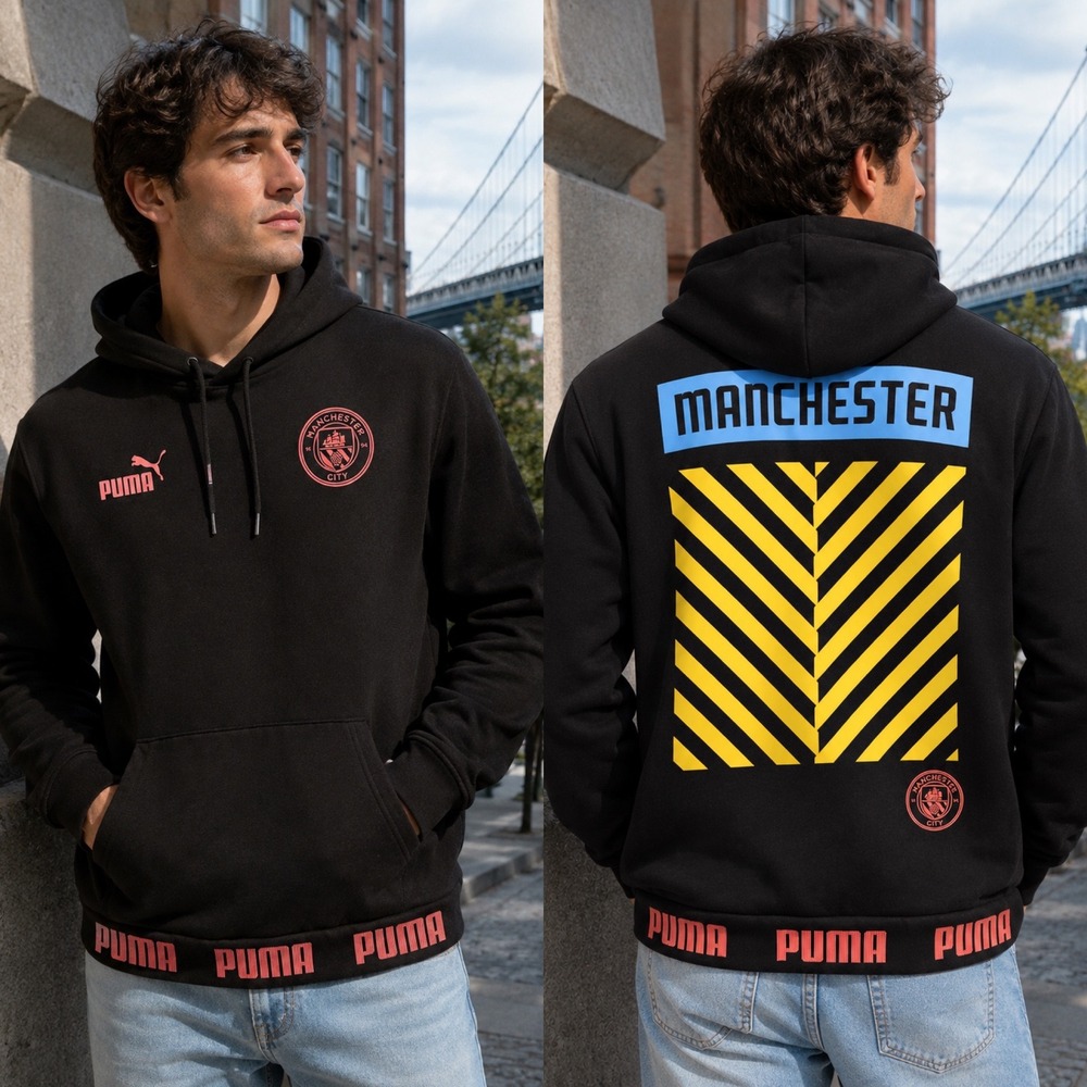 Puma Manchester City FC Hoodie Mens M Black Graphic Pullover Soccer Football